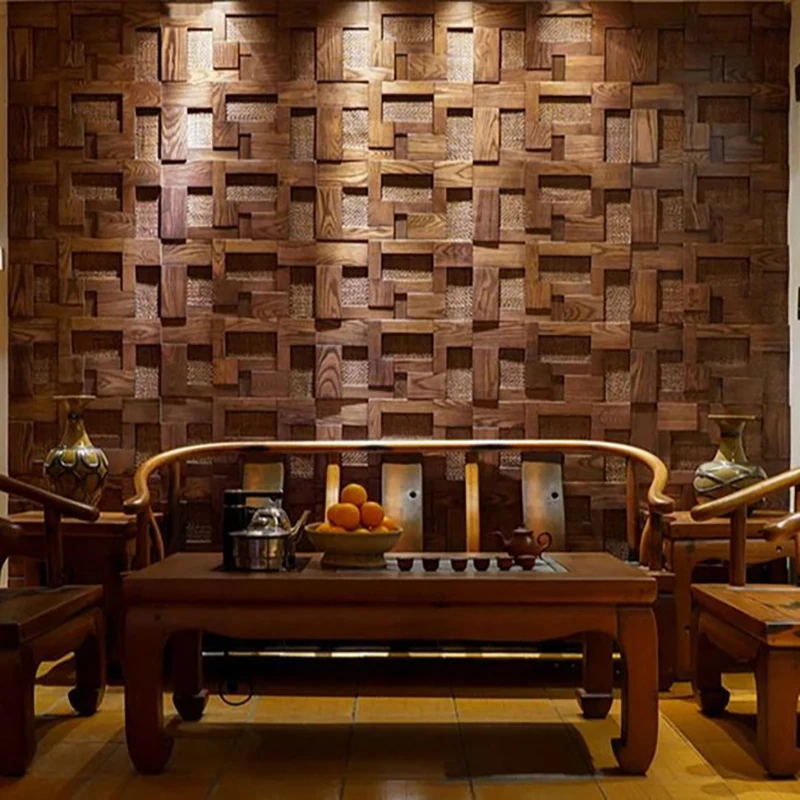 Mosaic Decorative Panels Rattan Weaving & aSH Wood, Log Retro style Living room,Hotel,The hotel lobby,Chess & card room, Library