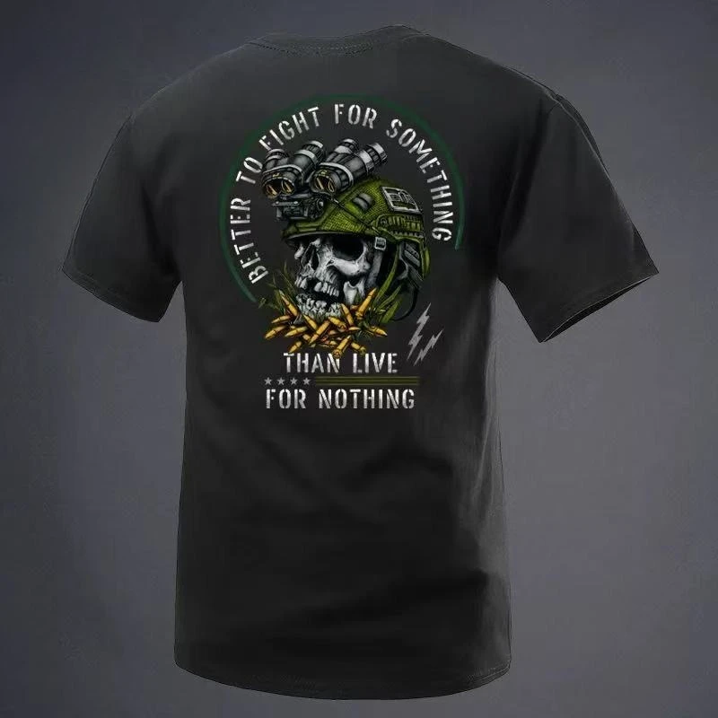 2026 New Military Style Tactical Helmet Feast on Bullets Graphic Print High Quality Men's Short Sleeve Loose Casual T-Shirt