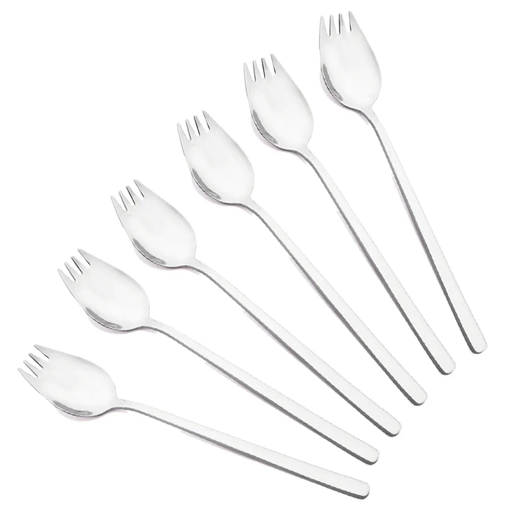 6/10pcs Stainless Steel Sporks 2 In 1 Silver Spork Spoon Fork Noodle Fruit Salad Fork Soup Dessert Spoon Home Kitchen Tableware