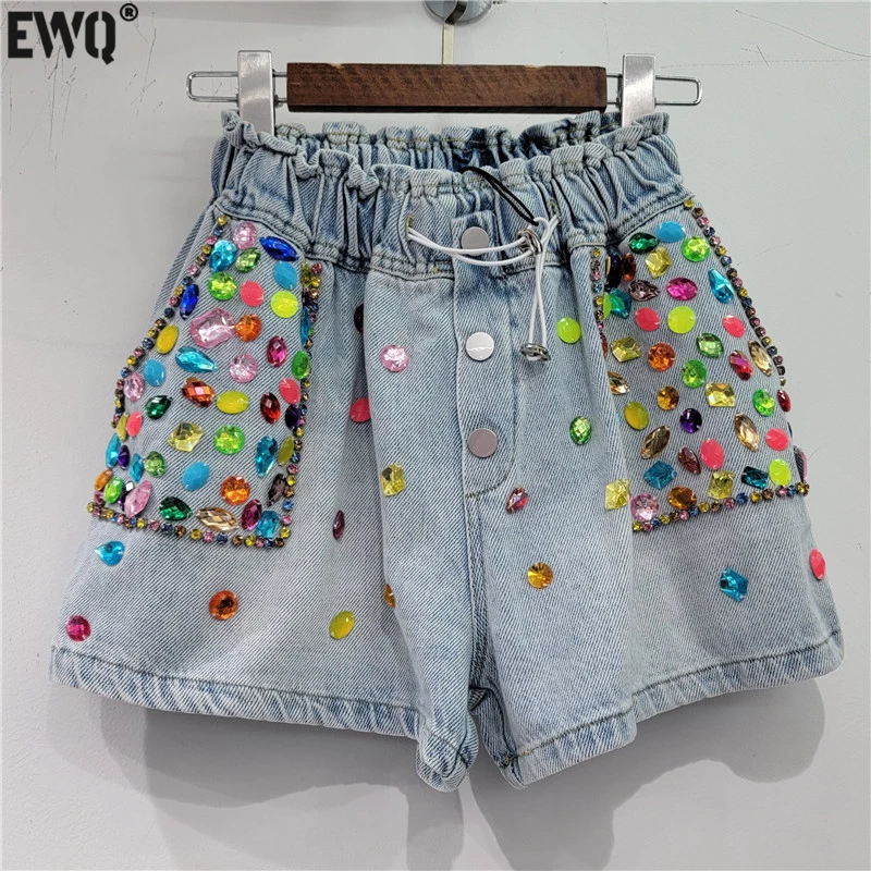 [EWQ] Vintage Crystal Diamond Contrast Color Denim Shorts For Women Elastic Waist Lace-up Short Jeans 2024 Summer New Fashion 97