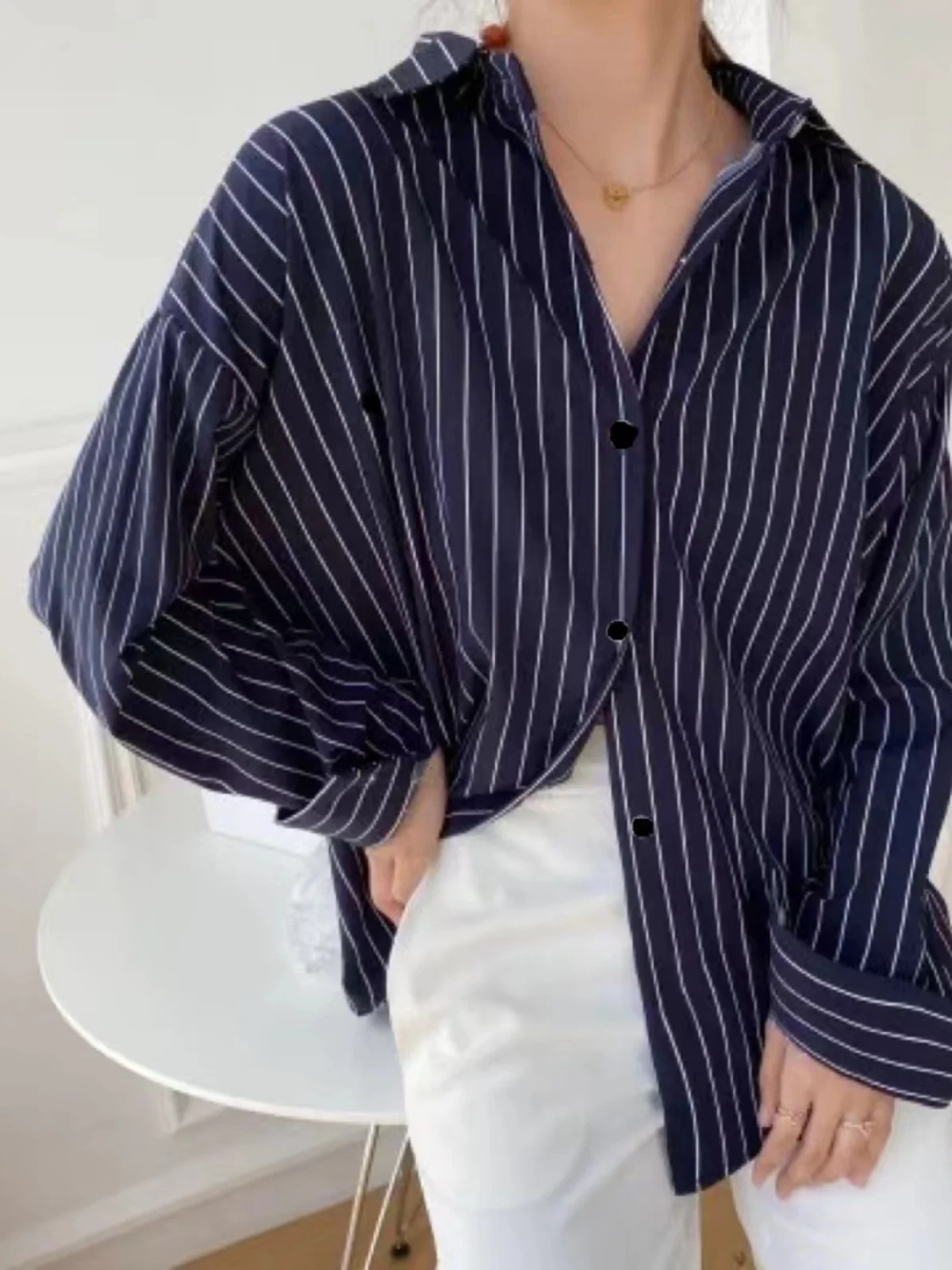 

Retro Korean Faion Striped Long Sve Loose Women's irt Ele Street Sle 2025 New Trendy Top Quali Material