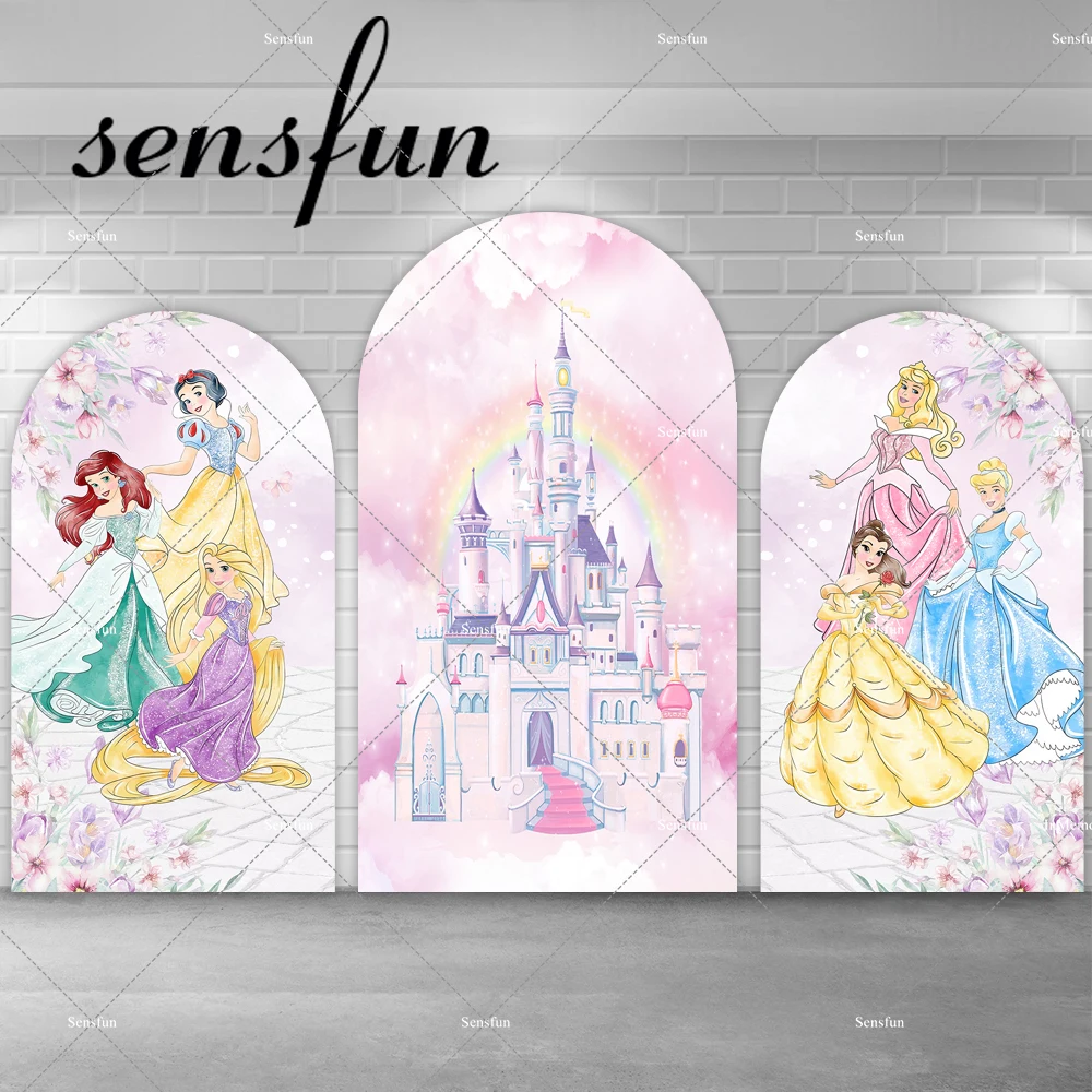 Fairy Tale Princesses Arch Backdrop Cover for Girls Baby Shower Birthday Party Decor Princess Foral Arched Background Doubleside