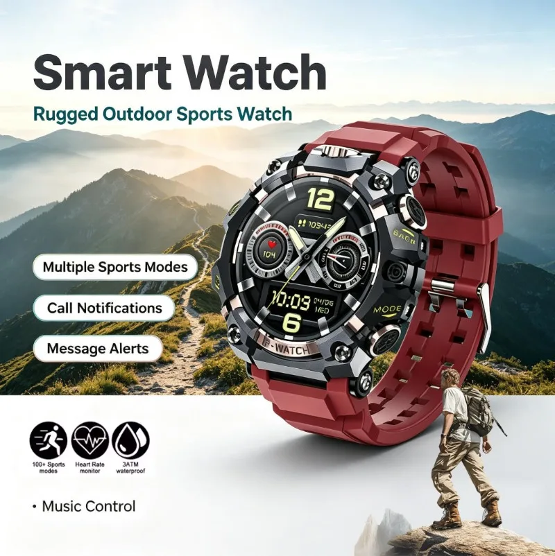 Rugged Outdoor Sports Smart Watch Multiple Sports Modes Call Notifications Message Alerts Music Control Fitness Wristwatch Men