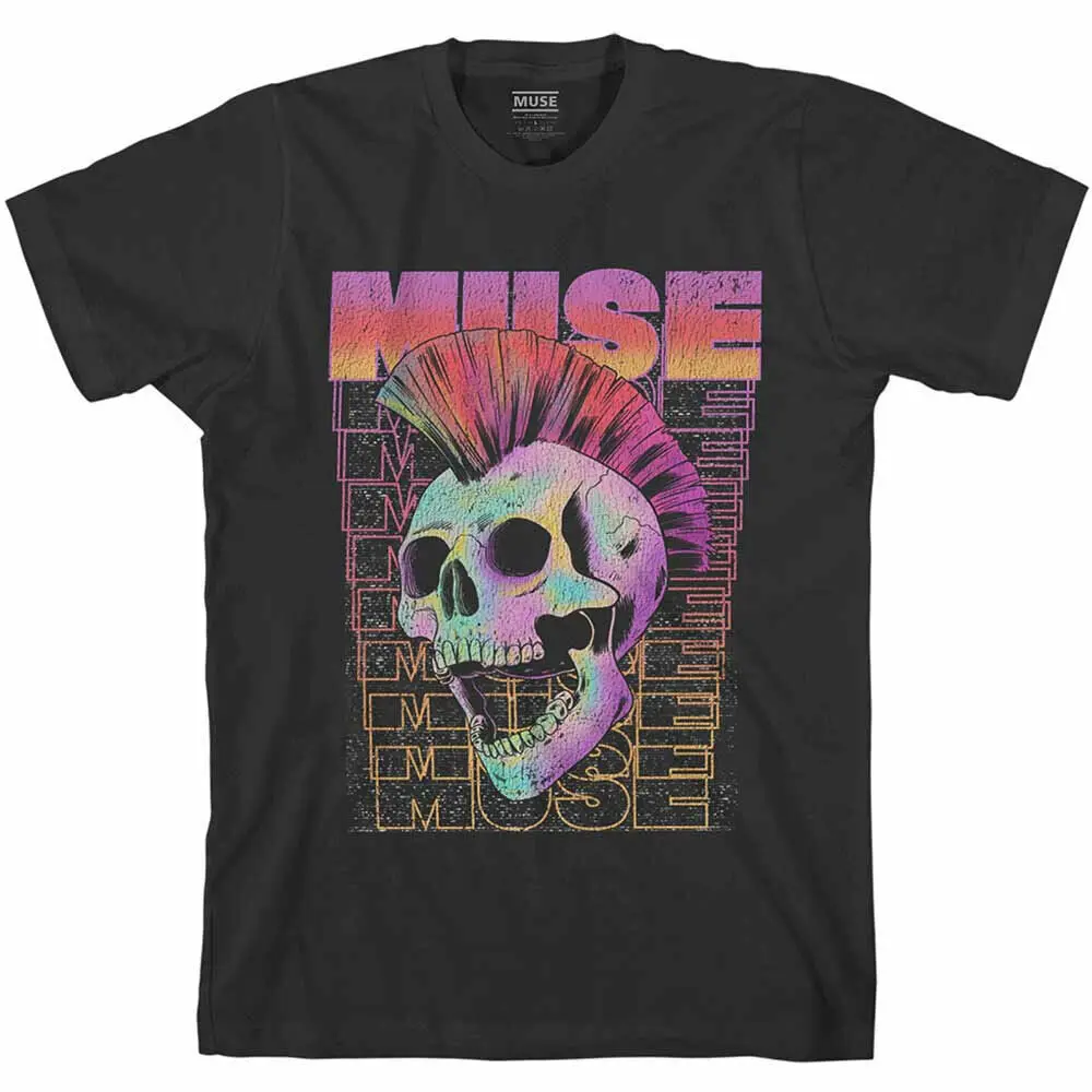 เสื้อยืดกราฟิกแขนสั้นสำหรับผู้ชายและผู้หญิงลายการ์ตูน Muse mohawk กะโหลกศีรษะผ้าฝ้ายที่มีคุณภาพสูง