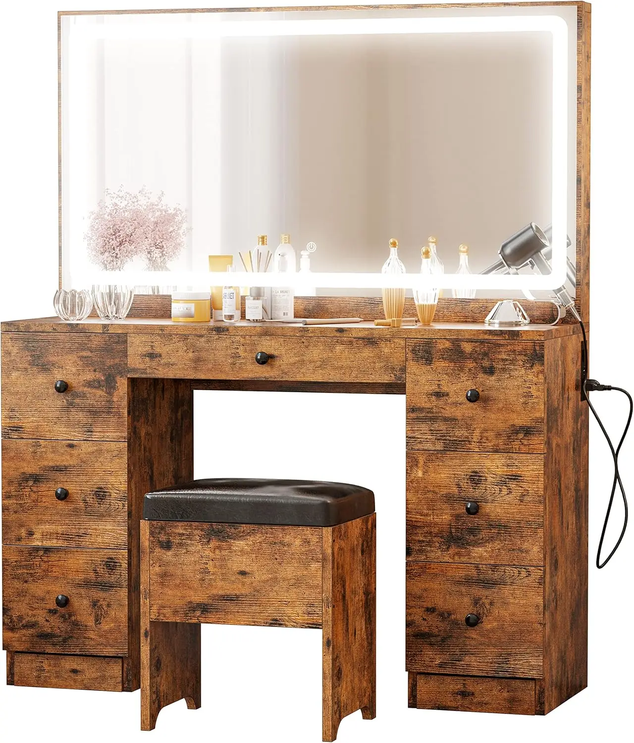 

Набор для туалетного столика с большой искусственной кожей и выходной мощностью, туалетный столик с 7 выдвижными ящиками и скамейкой для хранения