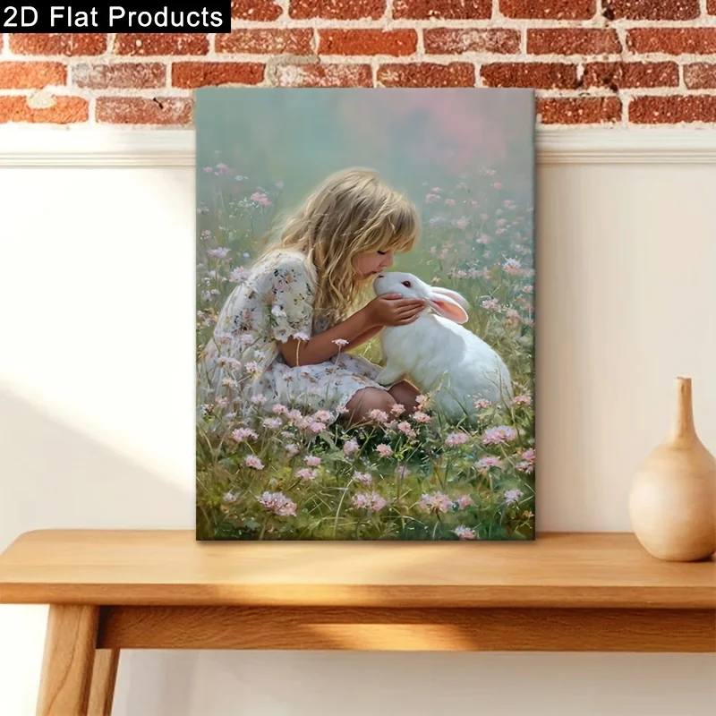(No frame)2D Flat, 2D Flat, 2D Flat 2D Retro Little Girl Kissing a White Rabbit in a Flower Field - Canvas with Heart-Shaped