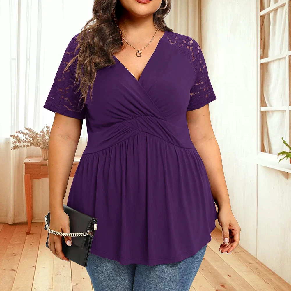 Plus Size XL-5XL T-shirt For Women Summer Casual V-neck Lace Spliced Solid Color Pleated Raglan Short Sleeve Elegant Tops Female