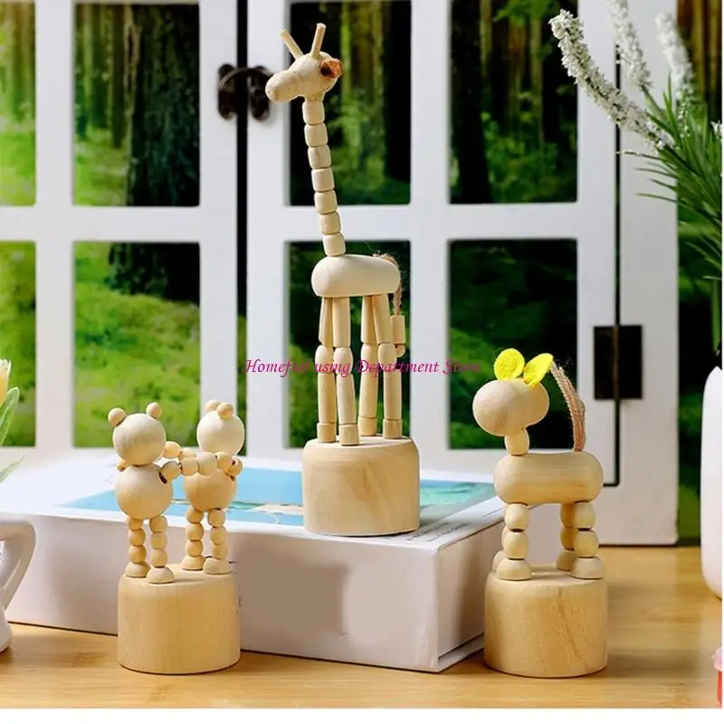 Wooden Movable Puppet Figurines Desktop Ornament Cartoon Clown Horse Giraffe Dog Statue Home Decorations Collectibles