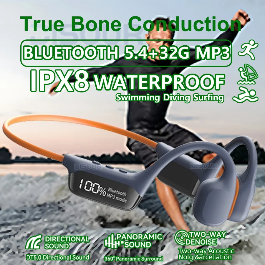 IPX8 Waterproof Bone Conduction Headphones 32GB MP3 Player Bluetooth 5.4 Swim Surf Sports Wireless Earphone HIFI Stereo Headset