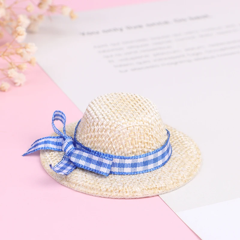 New 2Pcs Miniature Straw Hat Mini Doll Flocking Bow Hat Doll House Ornament Hand Weaved Dollhouse Accessories ID 3CM OD 6CM