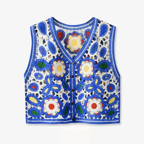 Floral Crochet Vest Top for Women Sleeveless Button Down Open-knit Sweater Vest blouse Summer Teen-girl Boho Vacation Outfit