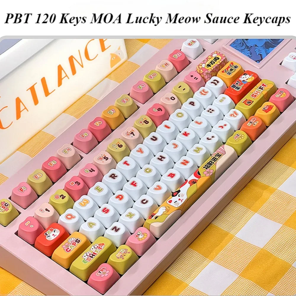 PBT keycap 120 keys MOA height, Lucky Meow sauce keycap, hot sublimation, suitable for Cherry MX 104/87/61 mechanical keyboard