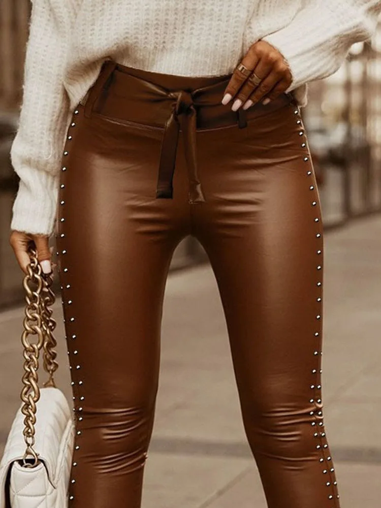 Metal Liu Ding Design Sense Slit PU Pant Fashion Casual Women\'s Solid Color High Waist Strap Tight Leather Pants