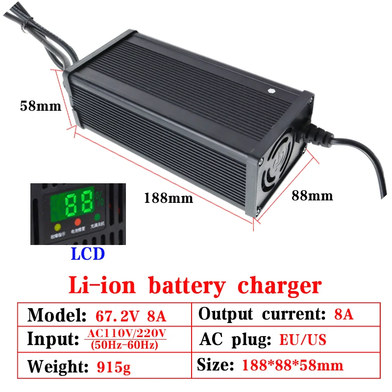 شاحن ذكي ببطارية ليثيوم مع مروحة ، ، V ، 8A ، غلاف ألومنيوم ، شاشة LCD ، 16S ، 60V ، عجلات كهربائية ، دراجة نارية ، سكوتر ، دراجة نارية