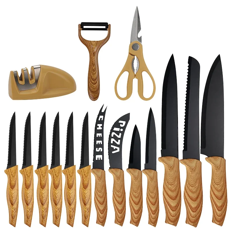 17PCs Kitchen Chef Knife Set Scissors Stainless Steel Pizza Cheese Steak Knife Peeler Meat Cleaver Knife Stand Sharpener Cutlery