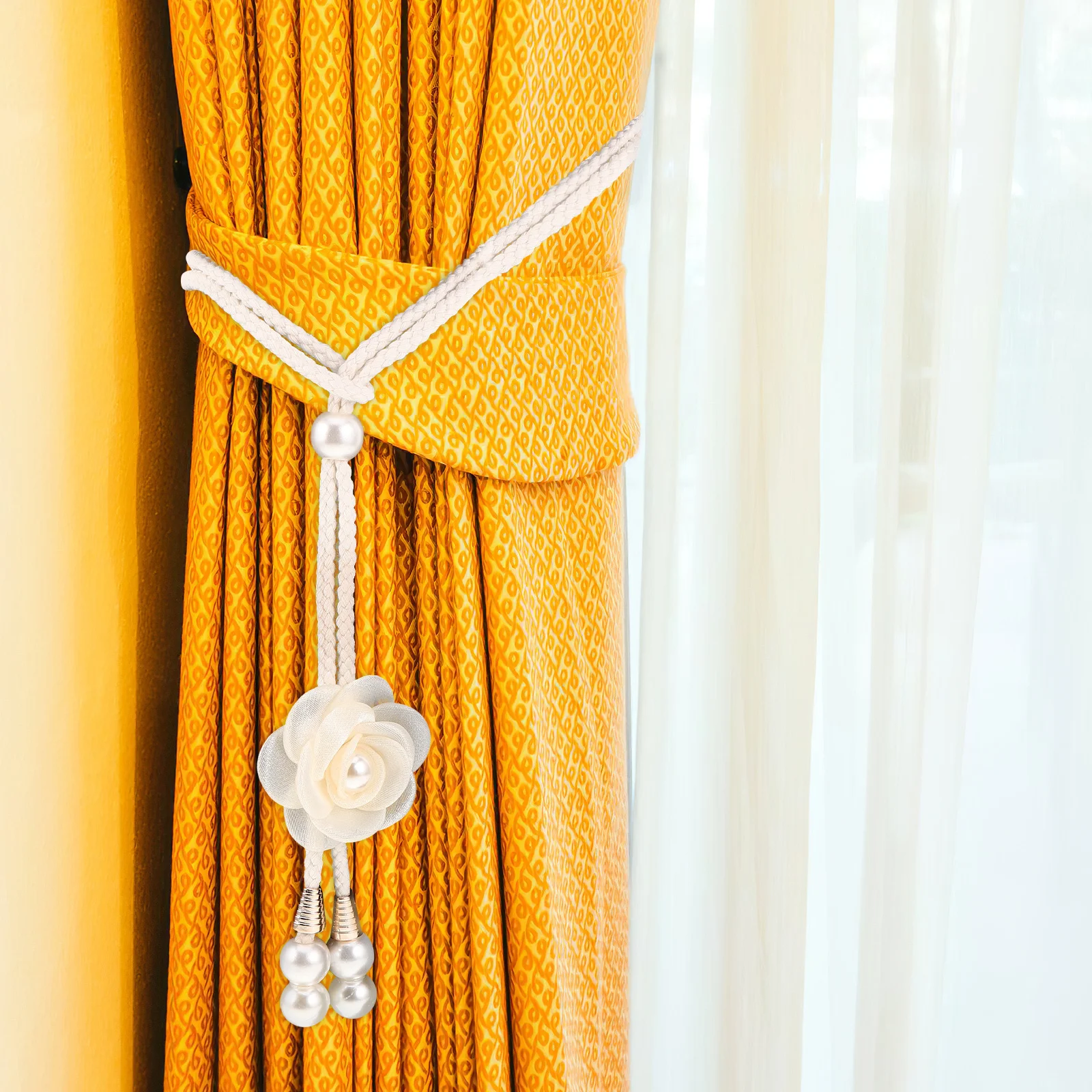 

2pcs Curtain Tiebacks Rope Handmade Boho Farmhouse Flower Holdbacks Decorative Drapery Ties For Sheer Curtains - Cream Beige