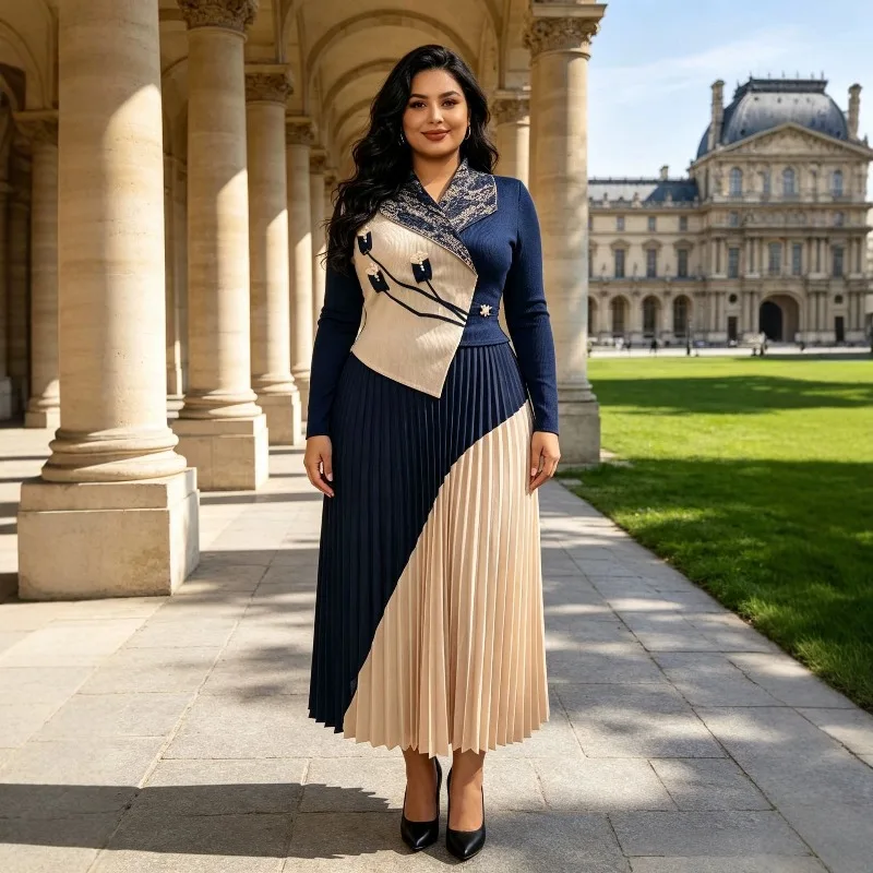 Miyake Pleated Dresses European New Fashion Long Sleeve Elegant Suit Collar Waist-Cinching Elastic Plus Size Women's Long Dress