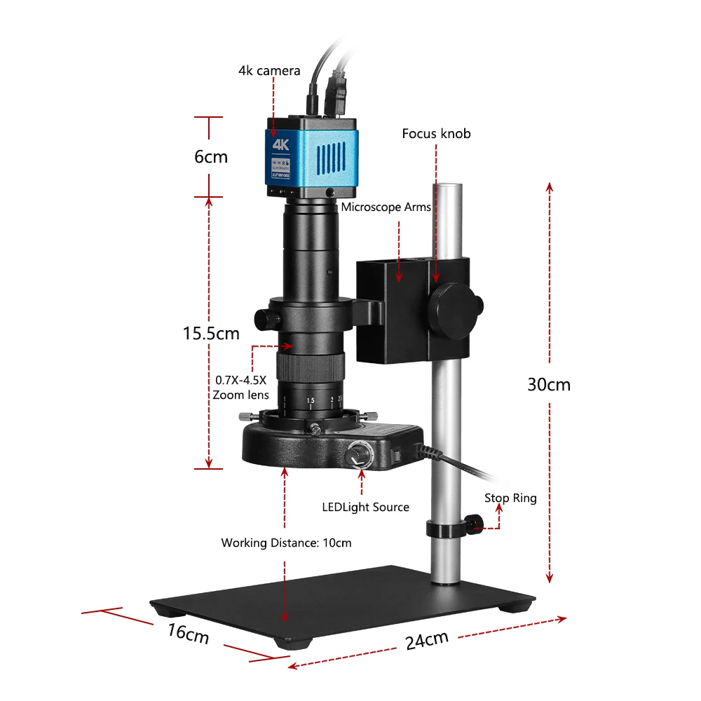 4K Ultra HD HDMI Video Microscope Continuous Zoom 20-180X C-Mount Mobile Phone Repair Industrial Inspection Microscope