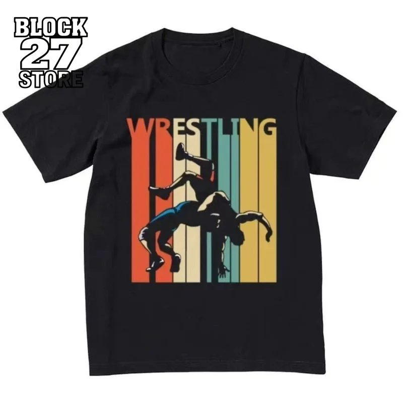 Mens Retro Wrestling Graphic T-shirt Vintage Striped Wrestler Silhouette Print Casual Cotton Short Sleeve Crew Neck Black Tee