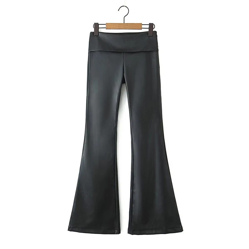 

YENKYE Sexy Women Low Waist Faux Leather Flare Pants Vintage Black Side Zipper Female Trousers Autumn Winter pantalones