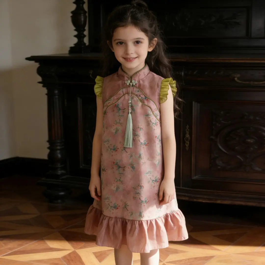 Girls' New Chinese Cheongsam Skirt Summer New Ethnic Style Vest Skirt Western Style National Style Dress