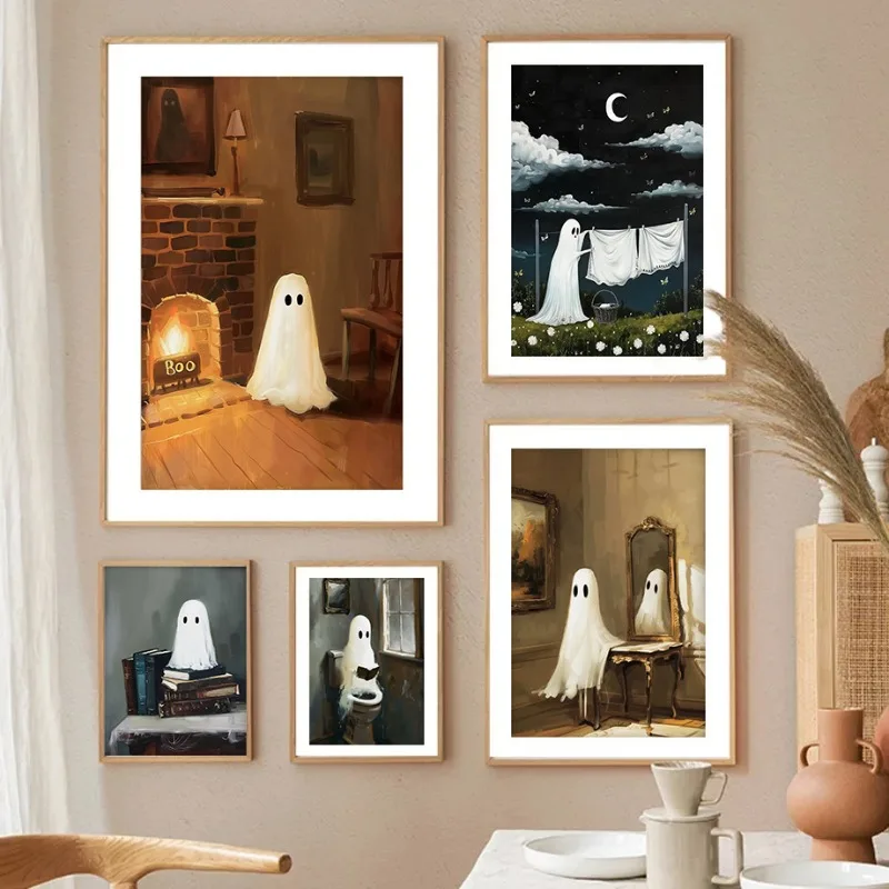 Vintage  Academia Halloween Cute Ghost Eat Pizza Posters and Prints Canvas Printing Wall Art Picture for Living Room Room Decor