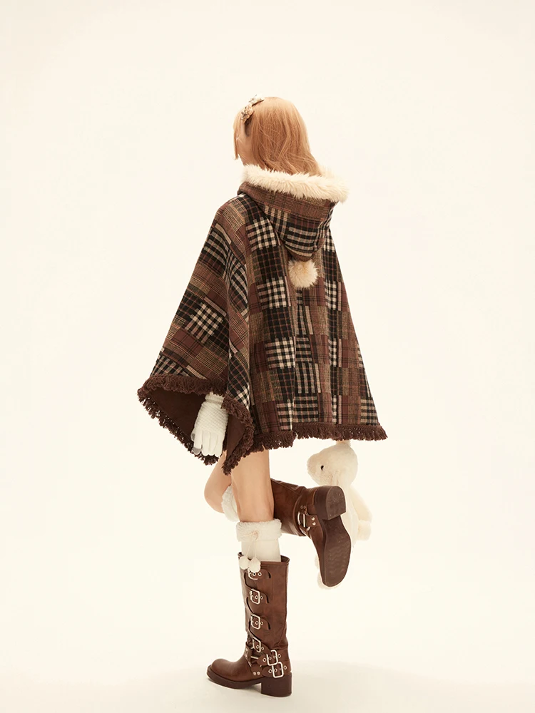 Japanischen Stil Süße Retro Braun Plaid Mantel Jacke Plüsch Mit Kapuze Quaste Lose Vielseitig Ärmellose Schal Capes Top Frauen Winter