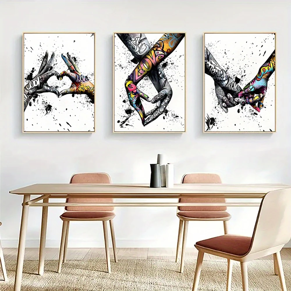 3PCS Graffiti Holding Hands Canvas Print Abstract Paintings for Living Room Bedroom Wall Art and Couple Gifts Posters Unframed