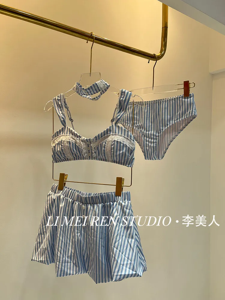 

New Sexy blue and white striped lace bikini skirt style split swimsuit for women
