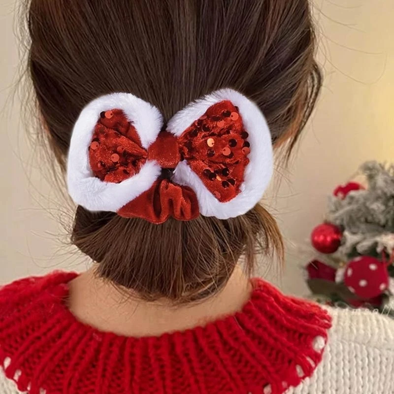 Christmas Theme Elastic Hair Rubber Velvets Bowknots Sequins Scrunchies Ornament