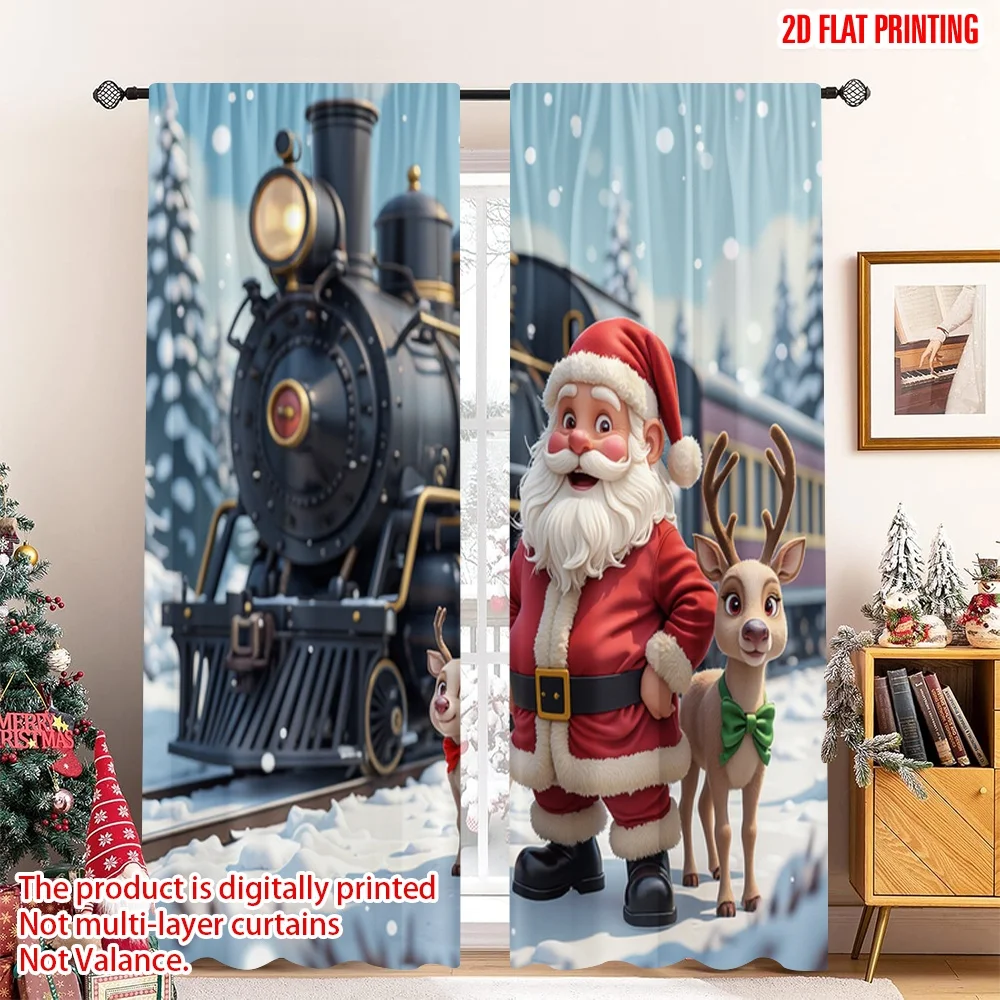 

2pcs 2D flat printing Merry Christmas Popular Curtains Santa Snow Train Gifts 100% Polyester Fabric Without Electricity Festive