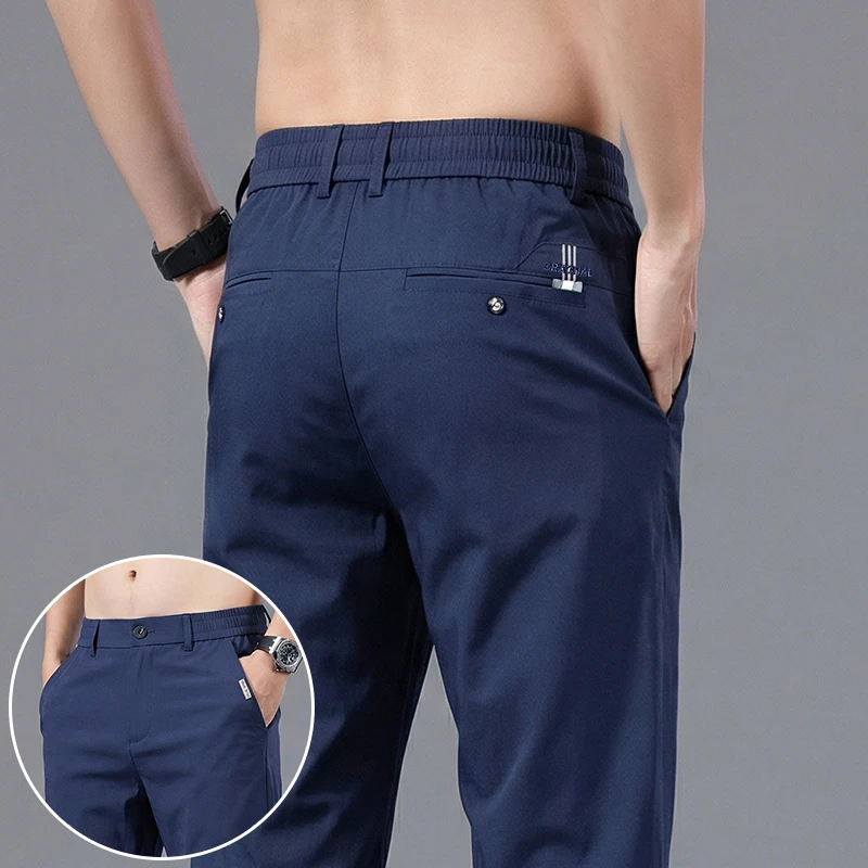 

Высококачественные летние тонкие эластичные мужские повседневные брюки из полиамидного волокна, зауженные, прямого кроя, деловые, синие, серые, хаки, мужские брюки