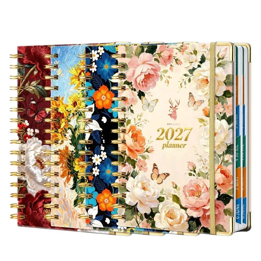 Double-Wire Binding 2027 Planner Notebook Metal Corner Protector Lay Flat 180° Daily Plan Schedule Colored Monthly Tabs