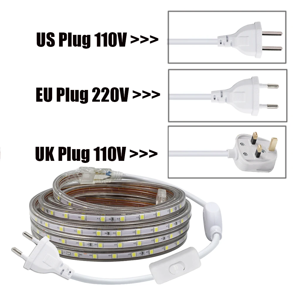 庭の装飾用の防水LEDストリップライト,柔軟なリボン,暖かい白,青,smd 5050, AC 220v