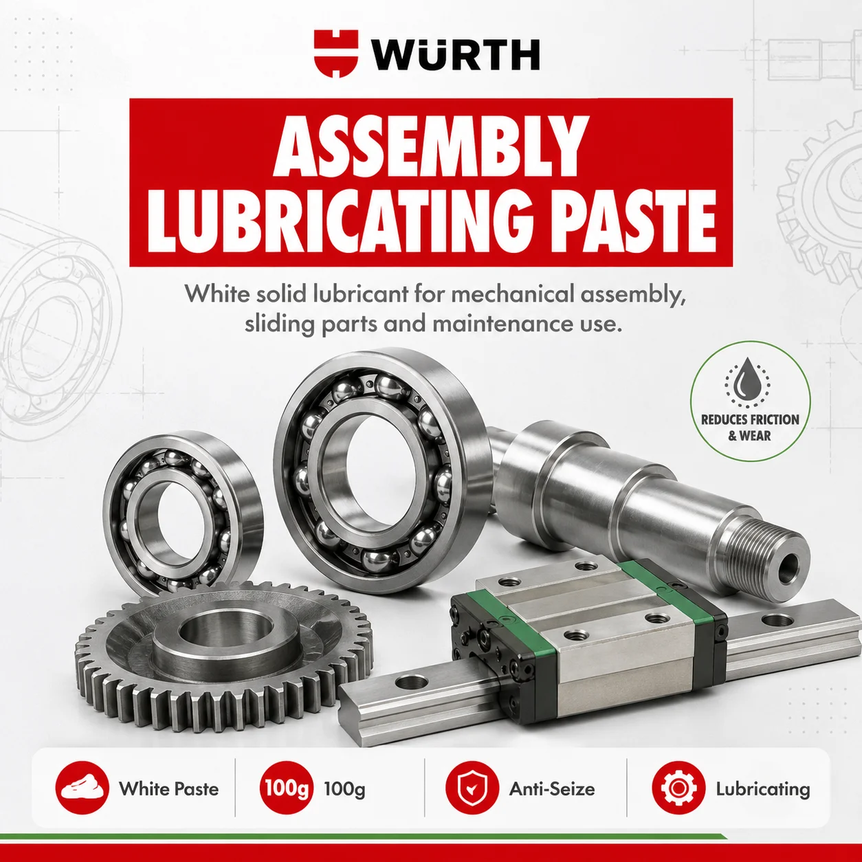 Original Wurth Assembly Paste White 100g Solid Lubricant Anti Seize Mounting Grease for Bearing Gear Guide Rail
