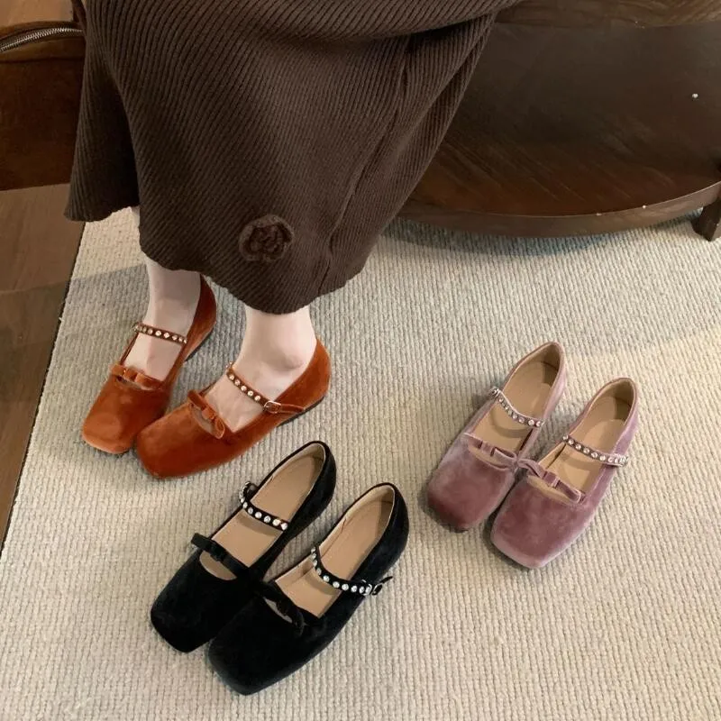 2025 Autumn Crystal Mary Jane Women Low Heel Shoes Fashion Velvet Square Toe Shallow Ladies Shoes Ballerinas Female Moccasins