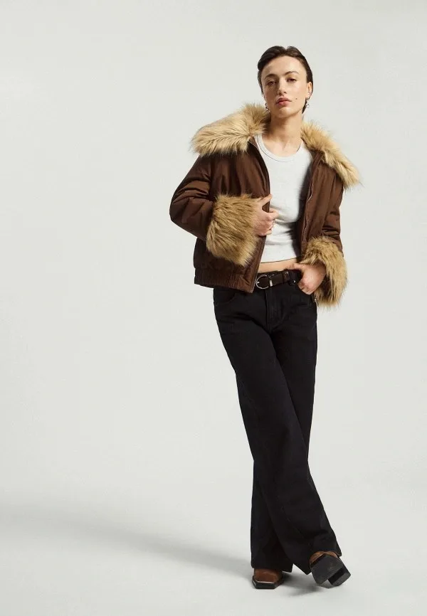 Brown Cropped Bomber Jacket with Faux Fur Collar & Cuffs, Full Zip Side Pockets Elastic Hem,Winter Warm Casual Street Outerwear
