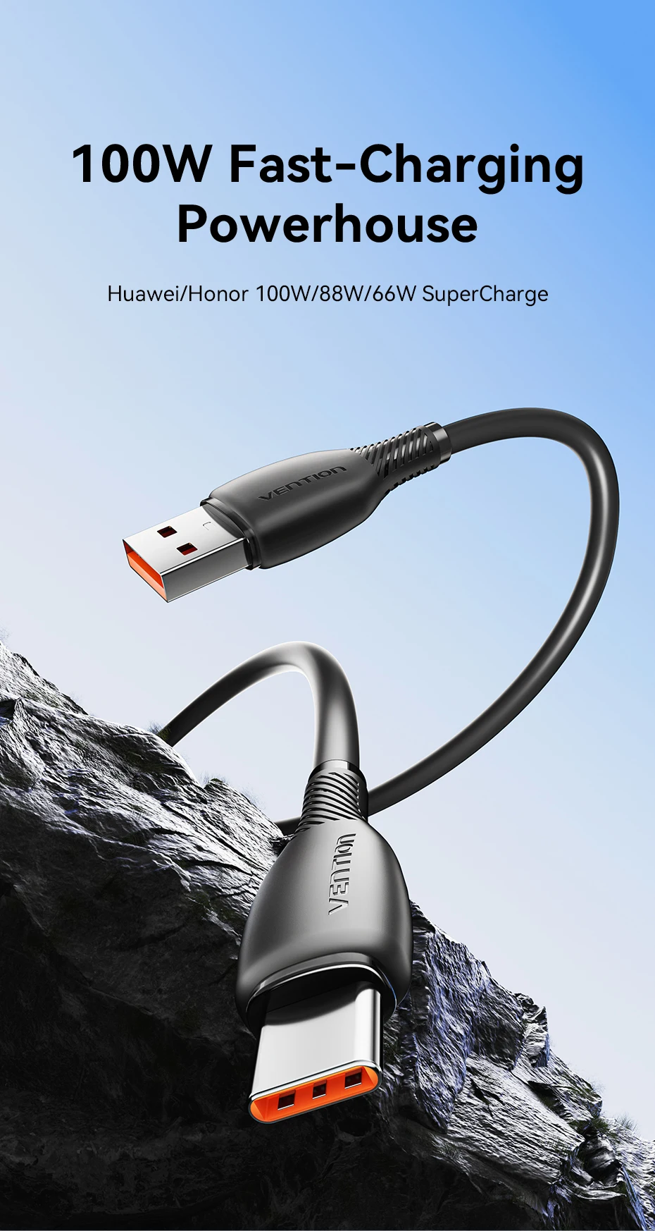 Vention 100 W USB-C-Kabel, Schnellladekabel, USB A auf Typ C-Kabel für Huawei Mate Honor, Xiaomi, USB-C-Kabel, Mobiltelefon, Ladedatum – Detail 1