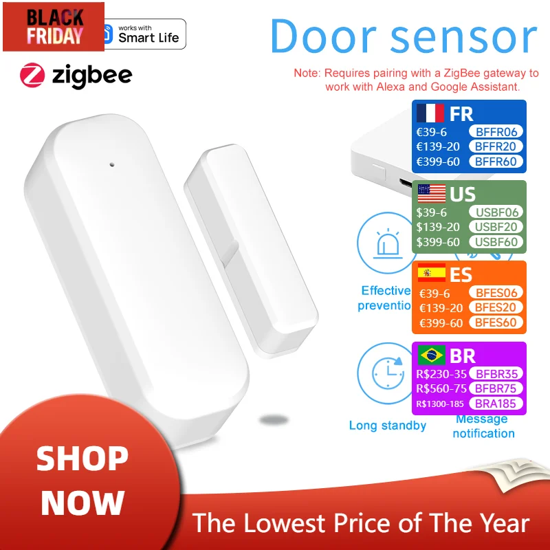 Tuya ZigBee Door Sensor Window Entry Sensor Security Burglar Door Sensor Alarm Smart Life Magnetic Door Sensor Alexa Google Home