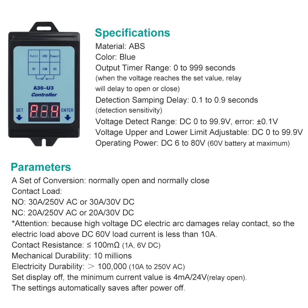 Relay Switch Controller DC 6~80V Voltage Detection Charging Discharge Monitor with Case Digital display DC Voltage Detection