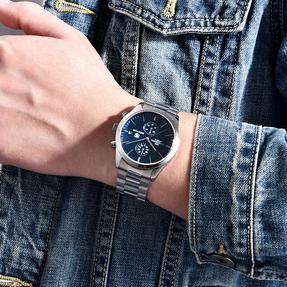 BENYAR-reloj analógico de acero inoxidable para hombre, accesorio de pulsera de cuarzo resistente al agua con cronógrafo, complemento masculino