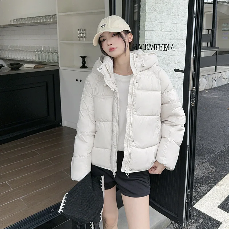 Giacca in cotone con cappuccio tinta unita semplice per donna 2025 Cappotto caldo con cerniera a maniche lunghe moda coreana Cappotto parka casual invernale