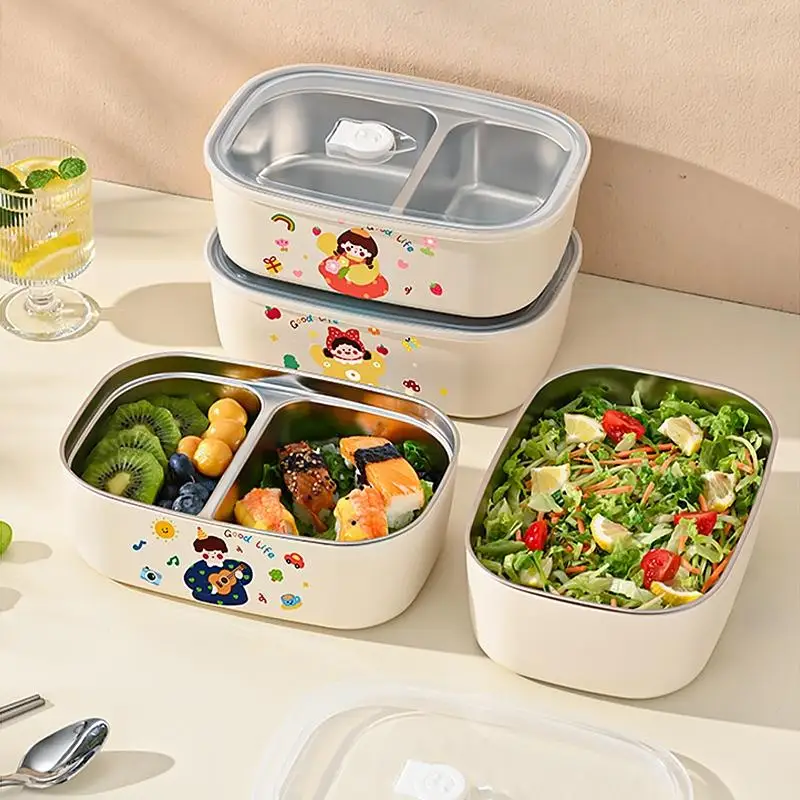 1Pc Cartoon Pattern Heat Preservation Lunch Box Microwavable Stainless Steel Partition Lunch Box For Student Office Use