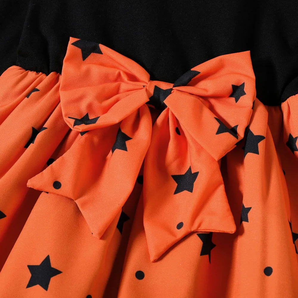 1-6Y Halloween Active Toddler Baby Dresses Pumpkin Star Print Skirt Bow Patchwork Long Sleeve Dress Party Girl Outfits