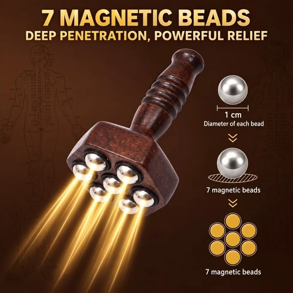 Wood Massage Roller Metal Ball Roller Multi ball Head Body Massager Polished Surface Hand Grip Handle Gua Sha Tool For Full Body