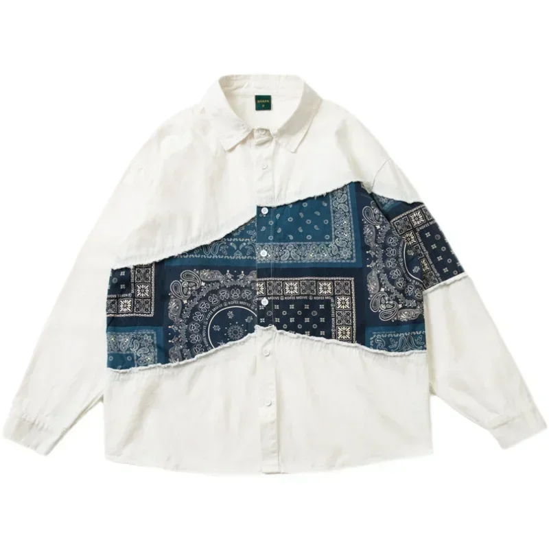 

Japanese Retro National Style Men's Autumn Blue Cashew Flower Print Stitching Long Sleeved White Loose Shirt Coat Casual