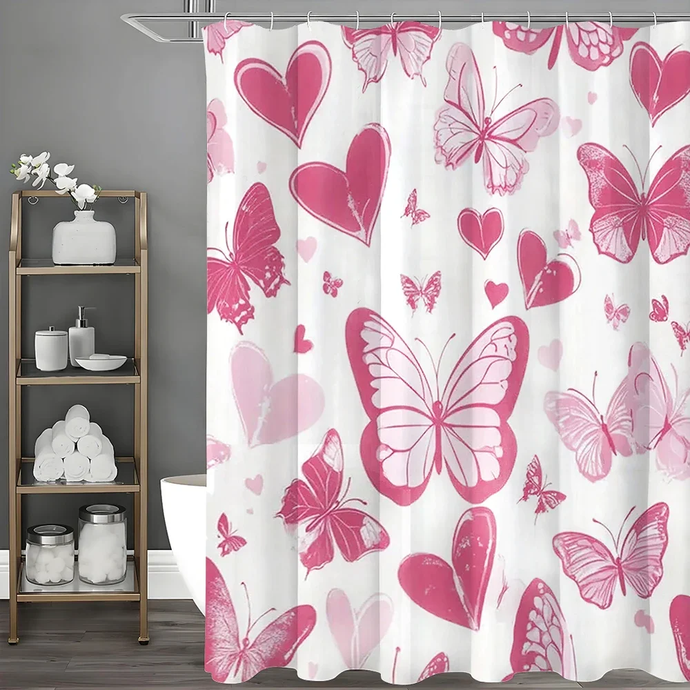 

Valentine's Day Pink Butterfly Heart Shower Curtain, Bathroom Decorative Shower Curtain, Waterproof Shower Curtain with Hooks