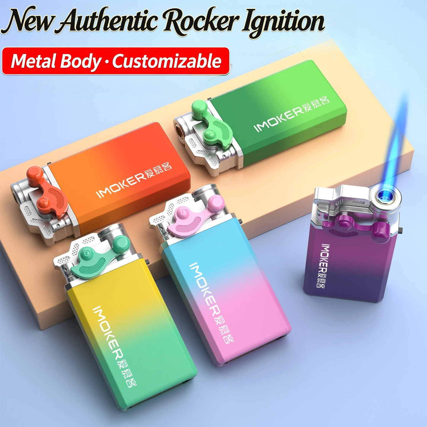 

IMOKER Rocker Arm Torch Lighter, Gradient Color Metal Butane Lighter, Windproof Jet Flame Lighter with Customizable Design