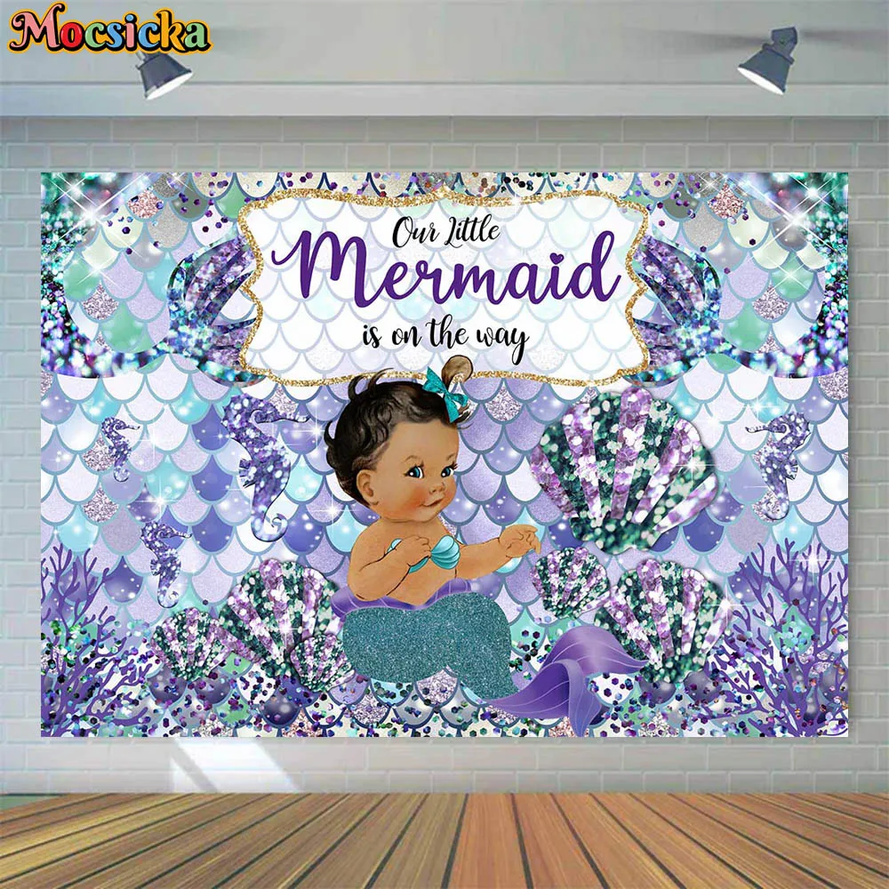 

Mocsicka Mermaid Princess Baby Shower Backdrop Purple Glitter Mermaid Scales Photography Background Party Decor Customize Banner