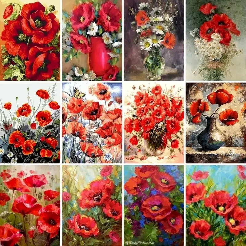 

599163 Frame DIY Painting By Numbers Kits Red Flowers Abstract Modern Home Wall Art Picture Flowers Paint By Numbers 60x75cm